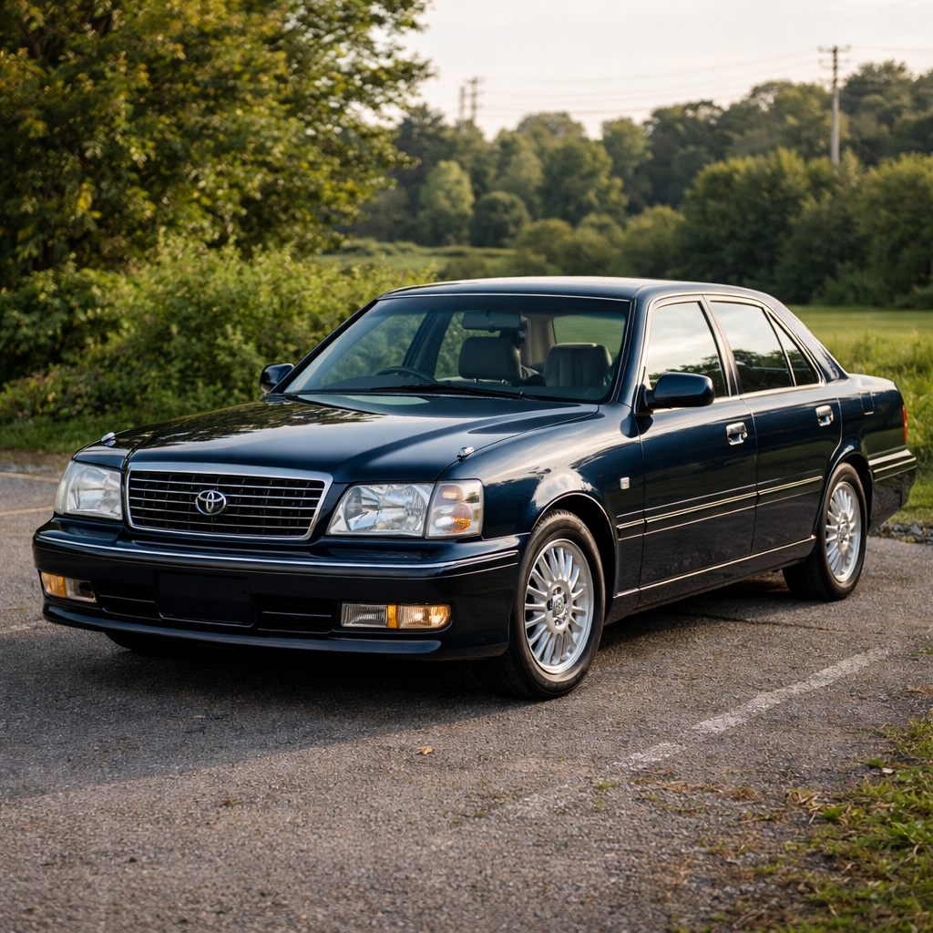 Contact toyota crown bleu sous les rayons du soir